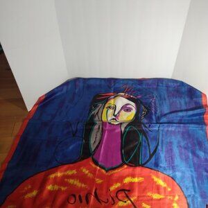 Pichio: Multi color face portrait art print scarf. Measures approx. 34" X 34".